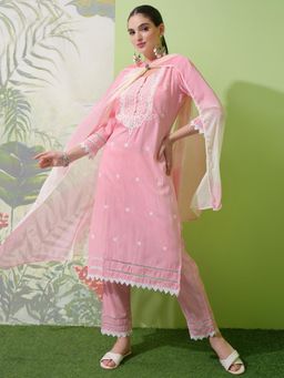 VISHUDH - Women Pink Embroidered Kurta with Pant & Dupatta (Set of 3)