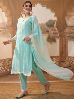 VISHUDH - Women Blue Embroidered Kurta with Pant & Dupatta (Set of 3)