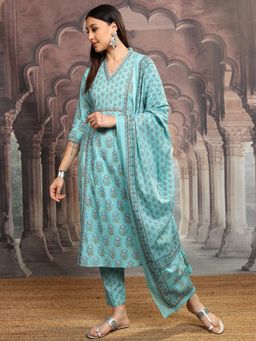 VISHUDH - Women Blue Floral Anarkali Kurta with Pant & Dupatta (Set of 3)