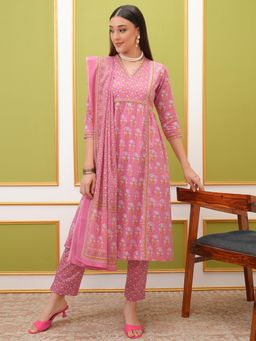 VISHUDH - Women Pink Floral Anarkali Kurta with Pant & Dupatta (Set of 3)