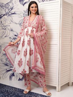 VISHUDH - Women Pink Floral Anarkali Kurta with Pant & Dupatta (Set of 3)