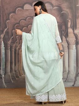 VISHUDH - Women Green Embroidered Kurti with Sharara & Dupatta (Set of 3)