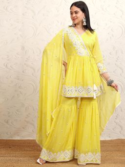 VISHUDH - Women Yellow Embroidered Kurti with Sharara & Dupatta (Set of 3)