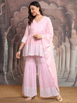 VISHUDH - Women Pink Embroidered Angrakha Kurti with Sharara & Dupatta (Set of 3)