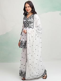 VISHUDH - Women White Embroidered Kurti with Sharara & Dupatta (Set of 3)