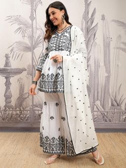 VISHUDH - Women White Embroidered Kurti with Sharara & Dupatta (Set of 3)