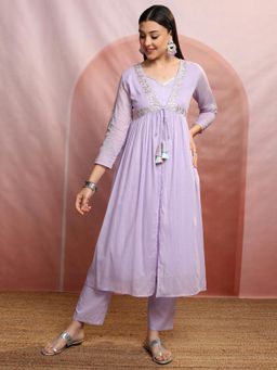 VISHUDH - Women Lavender Embroidered Kurta with Jacket & Pant (Set of 3)
