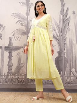 VISHUDH - Women Yellow Embroidered Kurta with Jacket & Pant (Set of 3)