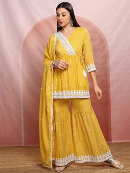 VISHUDH - Women Mustard Embroidered Angrakha Kurti with Sharara & Dupatta (Set of 3)