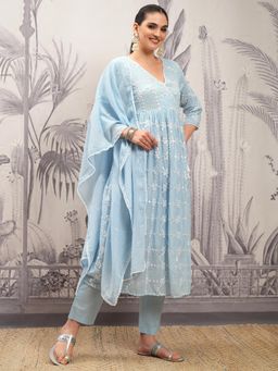 VISHUDH - Women Blue Embroidered Angrakha Kurta with Pant & Dupatta (Set of 3)