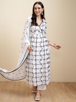 VISHUDH - Women White Embroidered Angrakha Kurta with Pant & Dupatta (Set of 3)