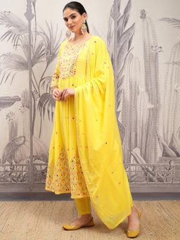 VISHUDH - Women Yellow Embroidered Kurta with Pant & Dupatta (Set of 3)