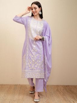 VISHUDH - Women Lavender Embroidered Kurta with Pant & Dupatta (Set of 3)