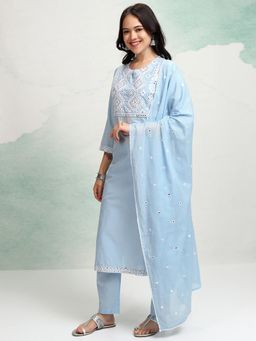 VISHUDH - Women Blue Embroidered Kurta with Pant & Dupatta (Set of 3)