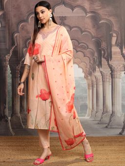 VISHUDH - Women Peach Floral Kurta with Pant & Dupatta (Set of 3)