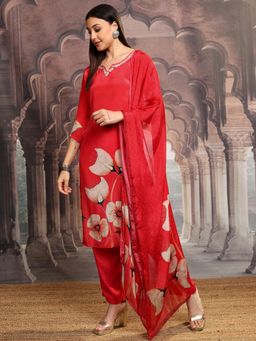 VISHUDH - Women Red Floral Kurta with Pant & Dupatta (Set of 3)