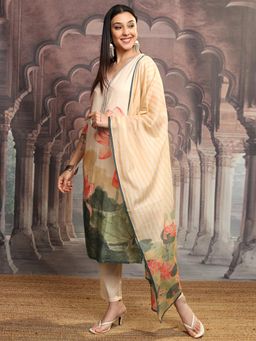 VISHUDH - Women Cream Floral Kurta with Pant & Dupatta (Set of 3)