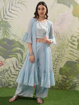 VISHUDH - Women Blue Printed Crop Top with Jacket & Palazzo (Set of 3)