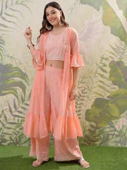 VISHUDH - Women Peach Printed Crop Top with Jacket & Palazzo (Set of 3)