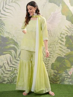 VISHUDH - Women Green Printed Kurti with Sharara & Dupatta (Set of 3)