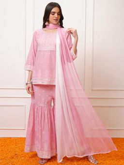 VISHUDH - Women Pink Printed Kurti with Sharara & Dupatta (Set of 3)