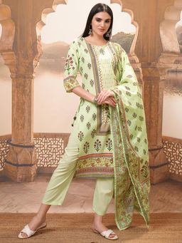 VISHUDH - Women Green Floral Kurta with Pant & Dupatta (Set of 3)