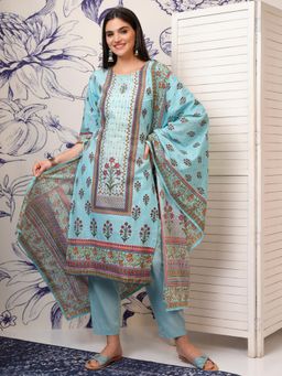 VISHUDH - Women Blue Floral Kurta with Pant & Dupatta (Set of 3)