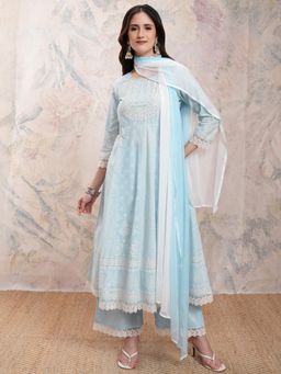 VISHUDH - Women Blue Printed Anarkali Kurta with Palazzo & Dupatta (Set of 3)