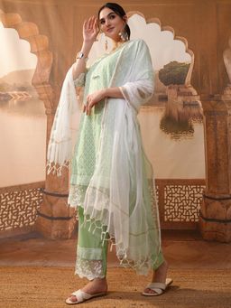 VISHUDH - Women Green Printed Kurta with Pant & Dupatta (Set of 3)