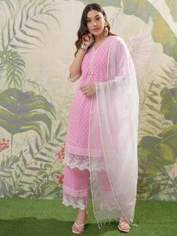 VISHUDH - Women Pink Printed Kurta with Pant & Dupatta (Set of 3)