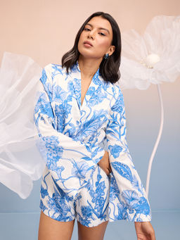 RSVP by Nykaa Fashion - Blue and White Floral Printed Full Sleeves Playsuit (Set of 2)