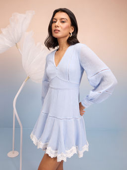 RSVP by Nykaa Fashion - Sky Blue Solid Full Sleeves Fit and Flare Short Dress