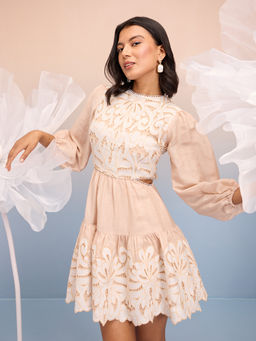 RSVP by Nykaa Fashion - Beige Embroidered Lace Fit and Flare Cut Out Linen Dress