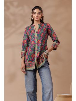 Jaipur Morni - Green Printed Pintucks Cotton Top