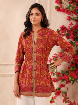 Jaipur Morni - Rust Orange Printed Pintucks Cotton Tunic