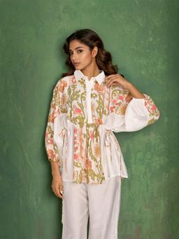 Dora Dori - White Relaxed Fit Floral Printed Shirt Collar Kimono Top