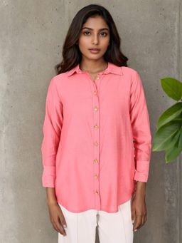 Dora Dori - Pink Solid Chanderi Collar Shirt