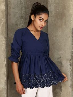 Dora Dori - Navy Blue Cotton Embroidered Tie Up Peplum Top