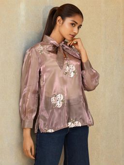 Dora Dori - Pink Sheer Embroidered Front Tie Up Style Top