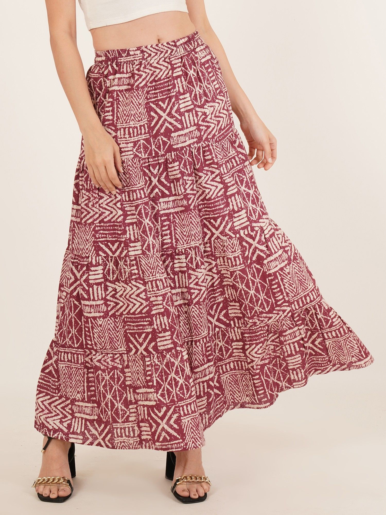 brownverse Pure Cotton Women Printed Full Length Maroon Skirt-picture-16