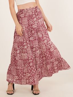 Brownverse - Pure Cotton Women Printed Full Length Maroon Skirt