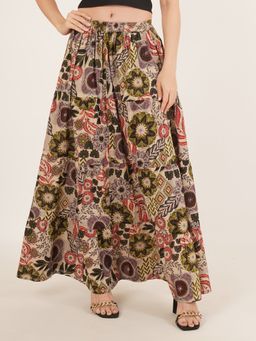 Brownverse - Pure Cotton Women Floral Print Full Length Beige Skirt