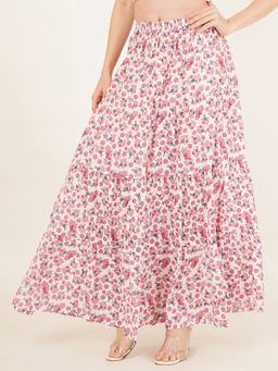 Brownverse - Pure Cotton Women Floral Print Full Length Pink Skirt