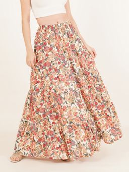 Brownverse - Pure Cotton Women Floral Print Full Length Beige Skirt