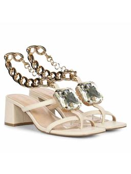 Saint G - Women Off White Leather Crystal Chain Block Heels