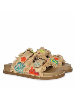 Saint G - Women Beieg Boho Fringe Embroidered Footbed Sandals