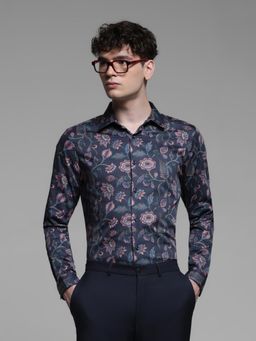 Jack & Jones - Mens Navy Blue Floral Print Cotton Slim Fit Shirt