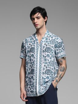 Jack & Jones - Mens White and Blue Floral Print Comfort Fit Shirt