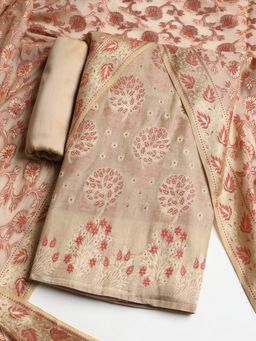 MEENA BAZAAR - Women Woven Chanderi Unstitched Beige Kurta with Pant and Dupatta