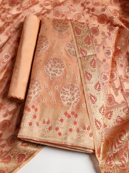 MEENA BAZAAR - Women's Woven Chanderi Unstitched Peach Kurta with Pant and Dupatta